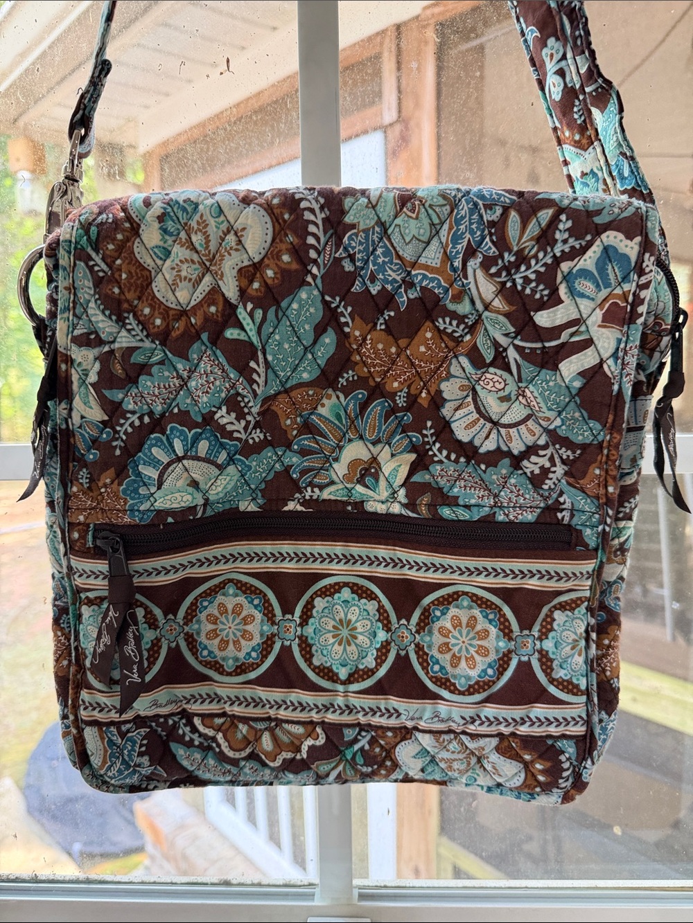 Vera Bradley Quilted Floral Adjustable Crossbody in Brown & Teal